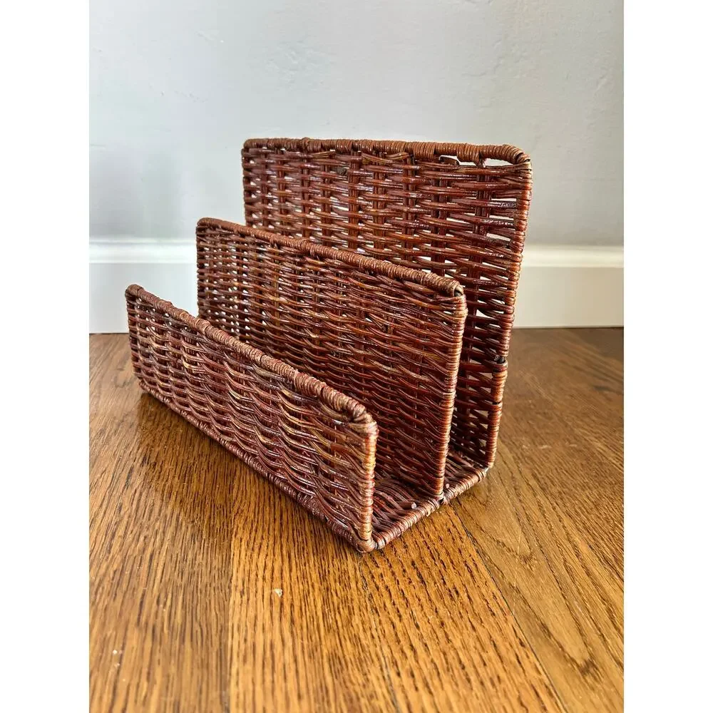 Vintage Woven Wicker Letter Rack | 3-Slot Rattan Mail & Magazine Organizer